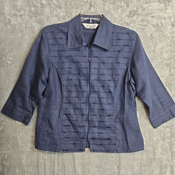 Ravel Tops - Ravel Women's Med  Blue Linen Cotton Zip Blouse 3/4 Sleeve